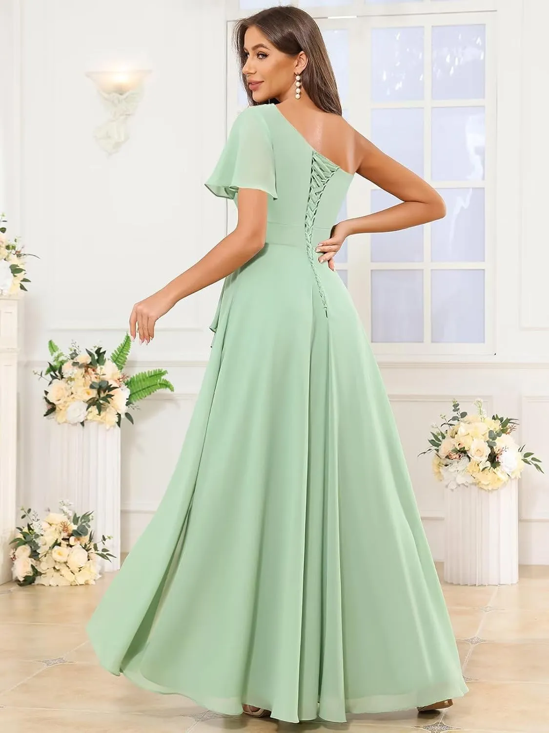 One Shoulder Bridesmaid Dresses with Sleeves Ruffle Chiffon Formal Dress for Women