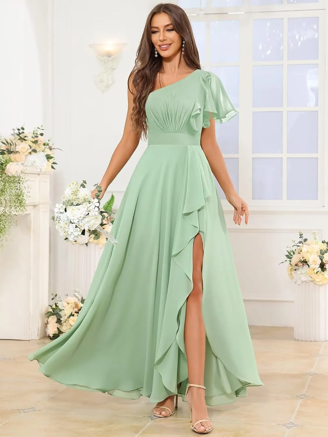 One Shoulder Bridesmaid Dresses with Sleeves Ruffle Chiffon Formal Dress for Women