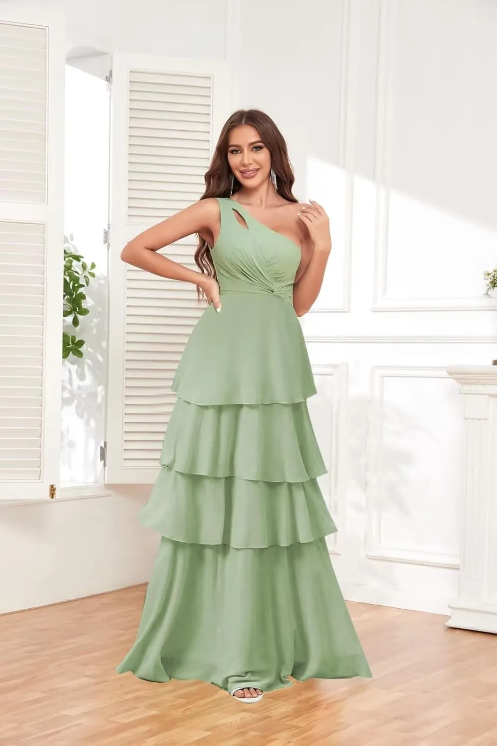 One Shoulder Chiffon Bridesmaid Dresses Layered A Line Ruffle Formal Dresses for Women