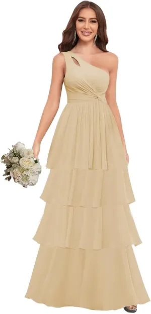 One Shoulder Chiffon Bridesmaid Dresses Layered A Line Ruffle Formal Dresses for Women