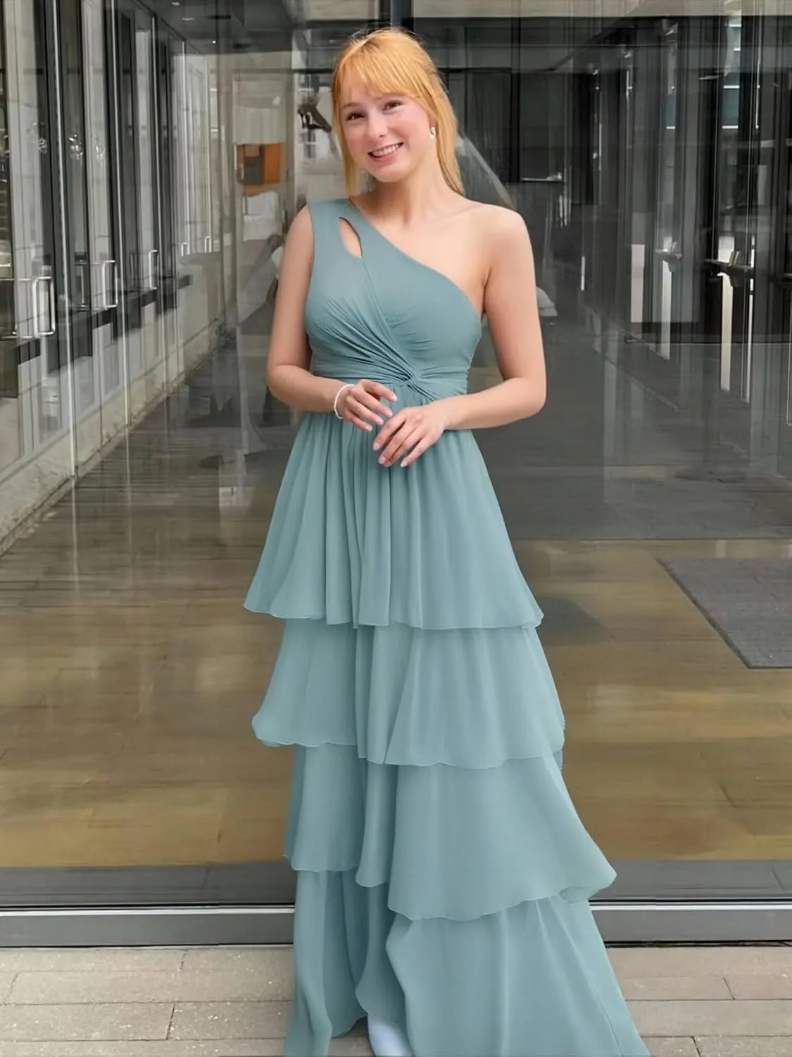One Shoulder Chiffon Bridesmaid Dresses Layered A Line Ruffle Formal Dresses for Women