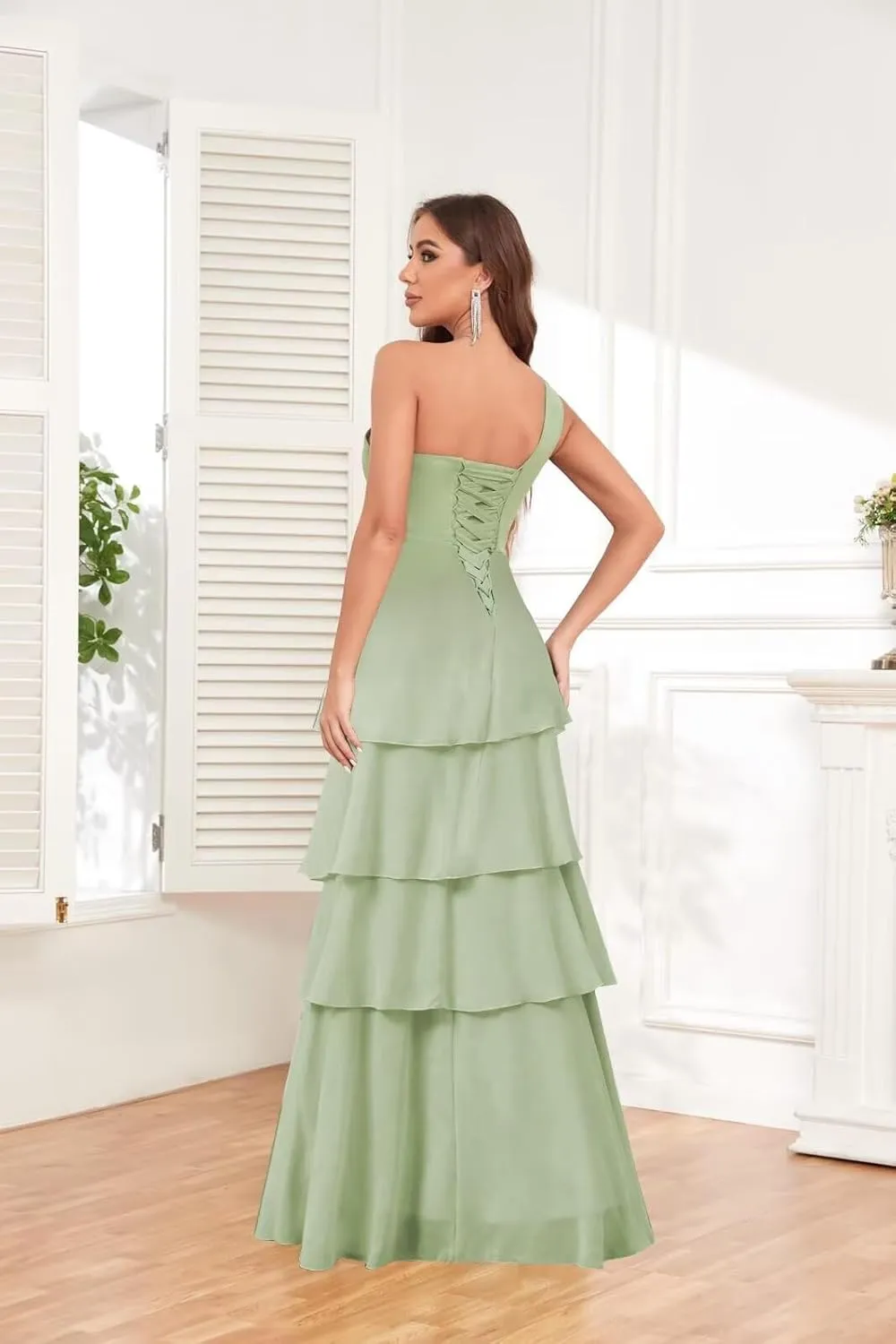 One Shoulder Chiffon Bridesmaid Dresses Layered A Line Ruffle Formal Dresses for Women
