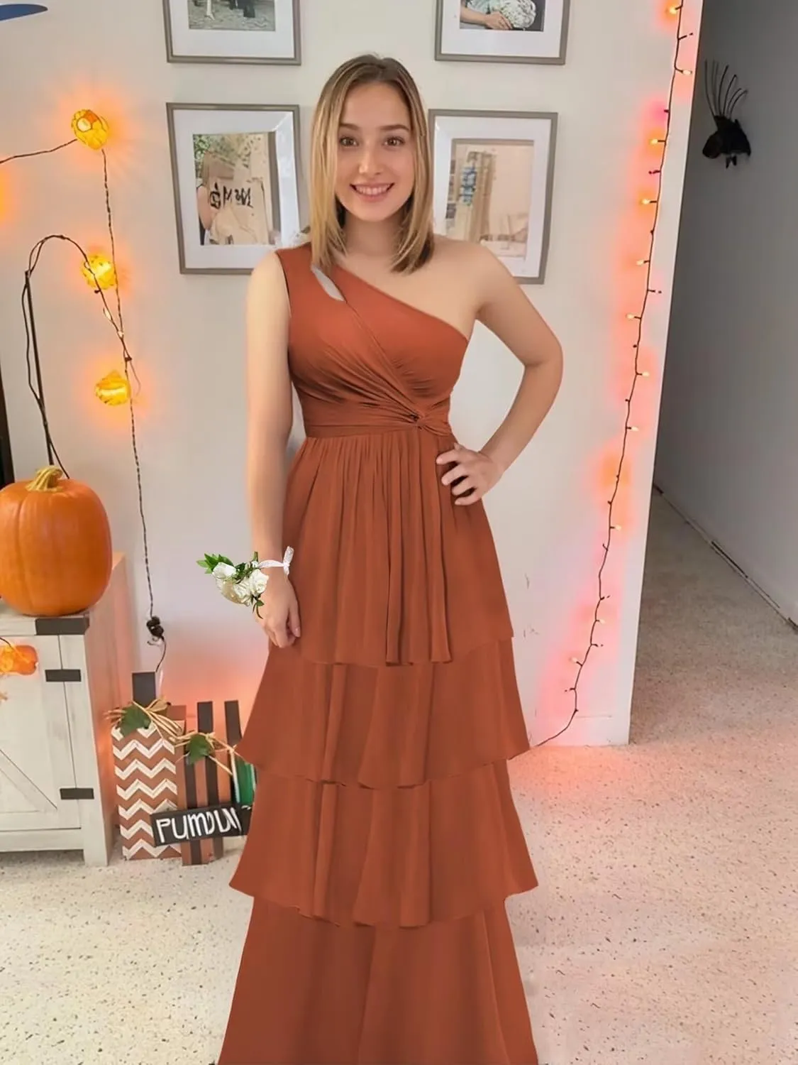 One Shoulder Chiffon Bridesmaid Dresses Layered A Line Ruffle Formal Dresses for Women