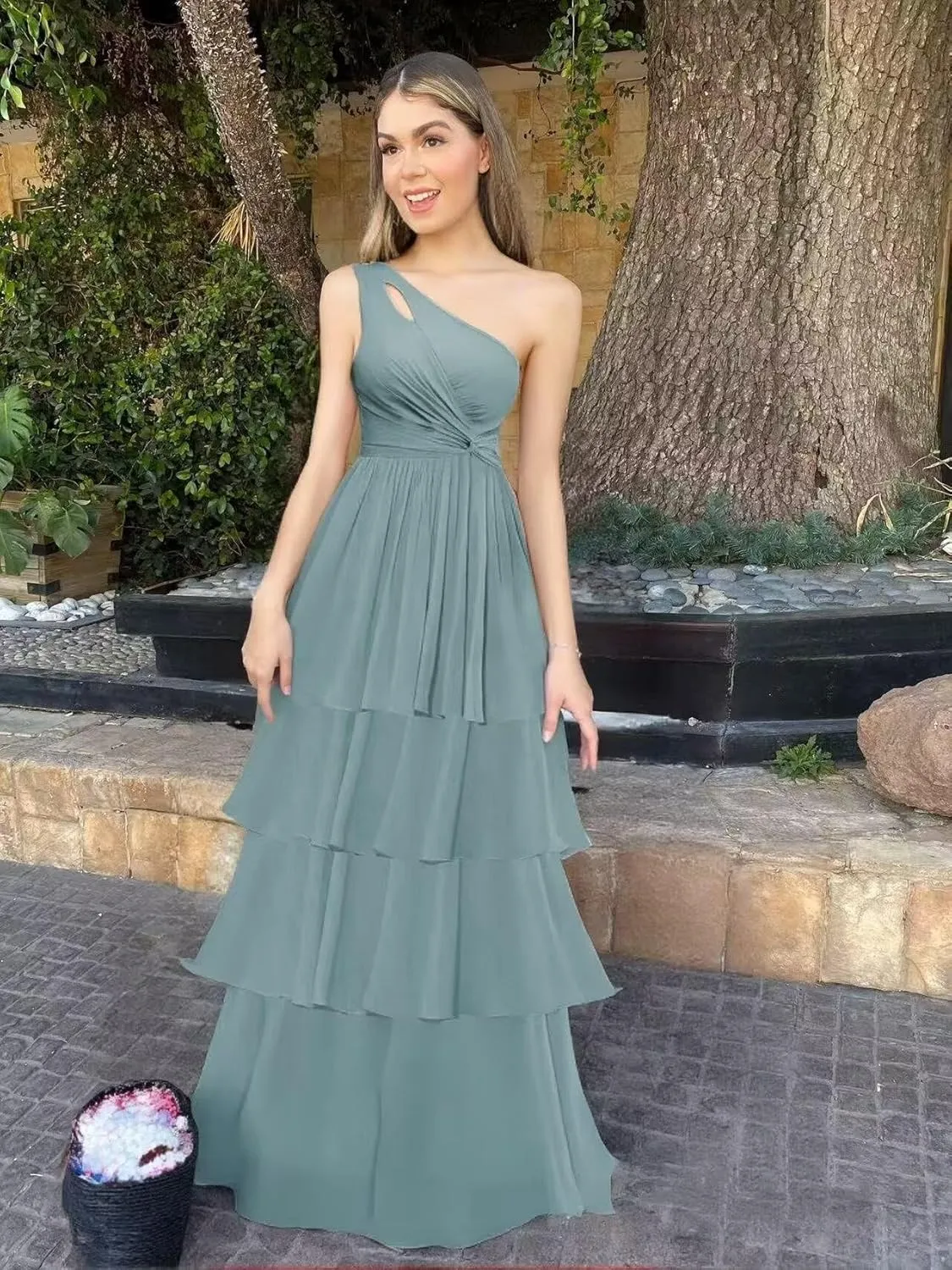 One Shoulder Chiffon Bridesmaid Dresses Layered A Line Ruffle Formal Dresses for Women