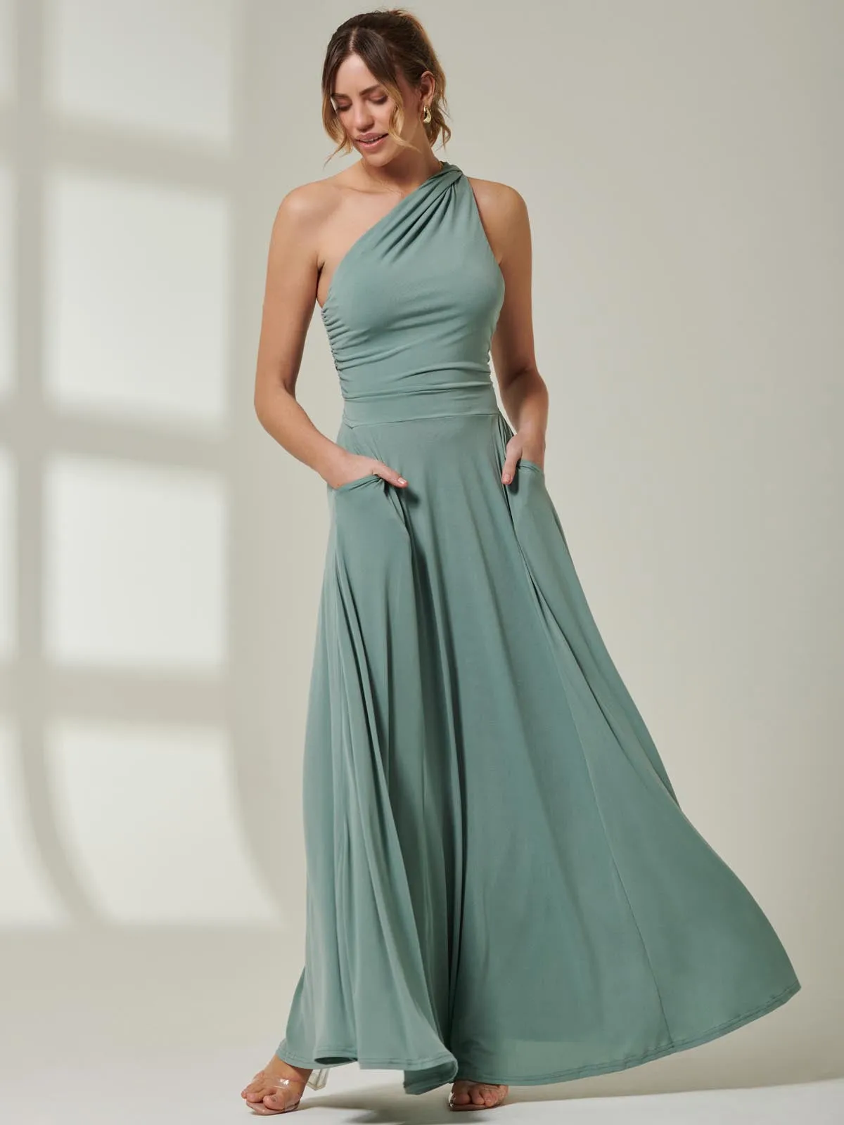 One Shoulder Jersey Maxi Dress, Green