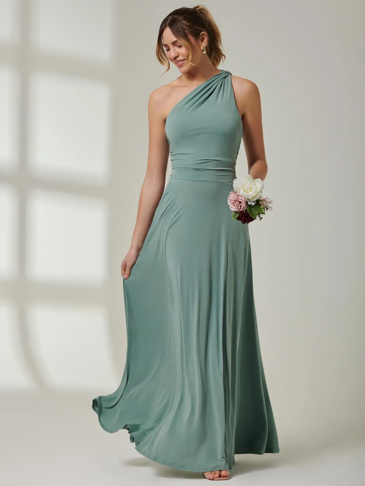 One Shoulder Jersey Maxi Dress, Green