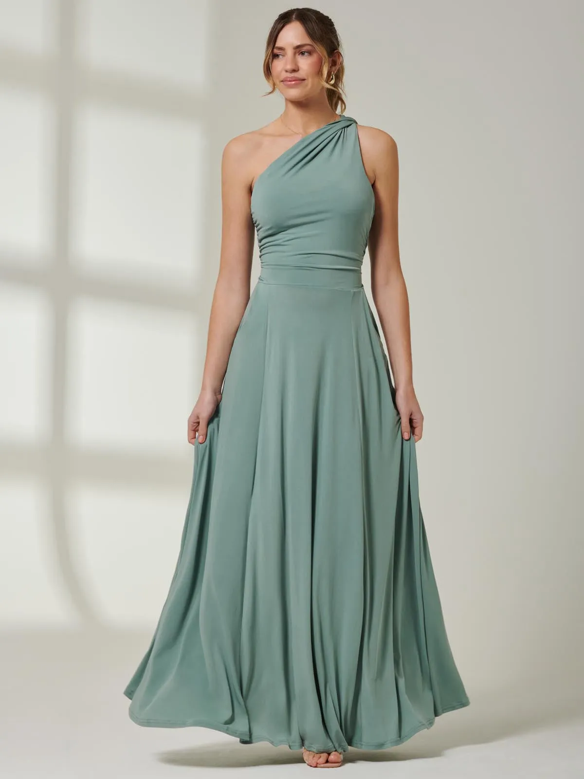 One Shoulder Jersey Maxi Dress, Green