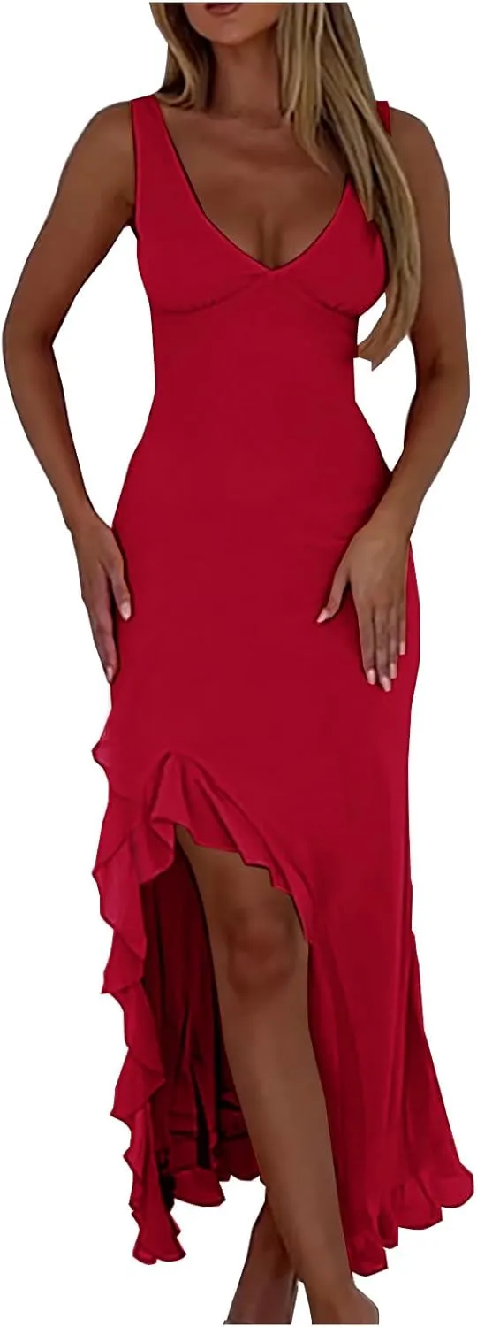 Oplxuo Women's Sexy Deep V Neck Bodycon Maxi Dress Sleeveless Ruffle Hem High Slit V Back Cocktail Party Dresses
