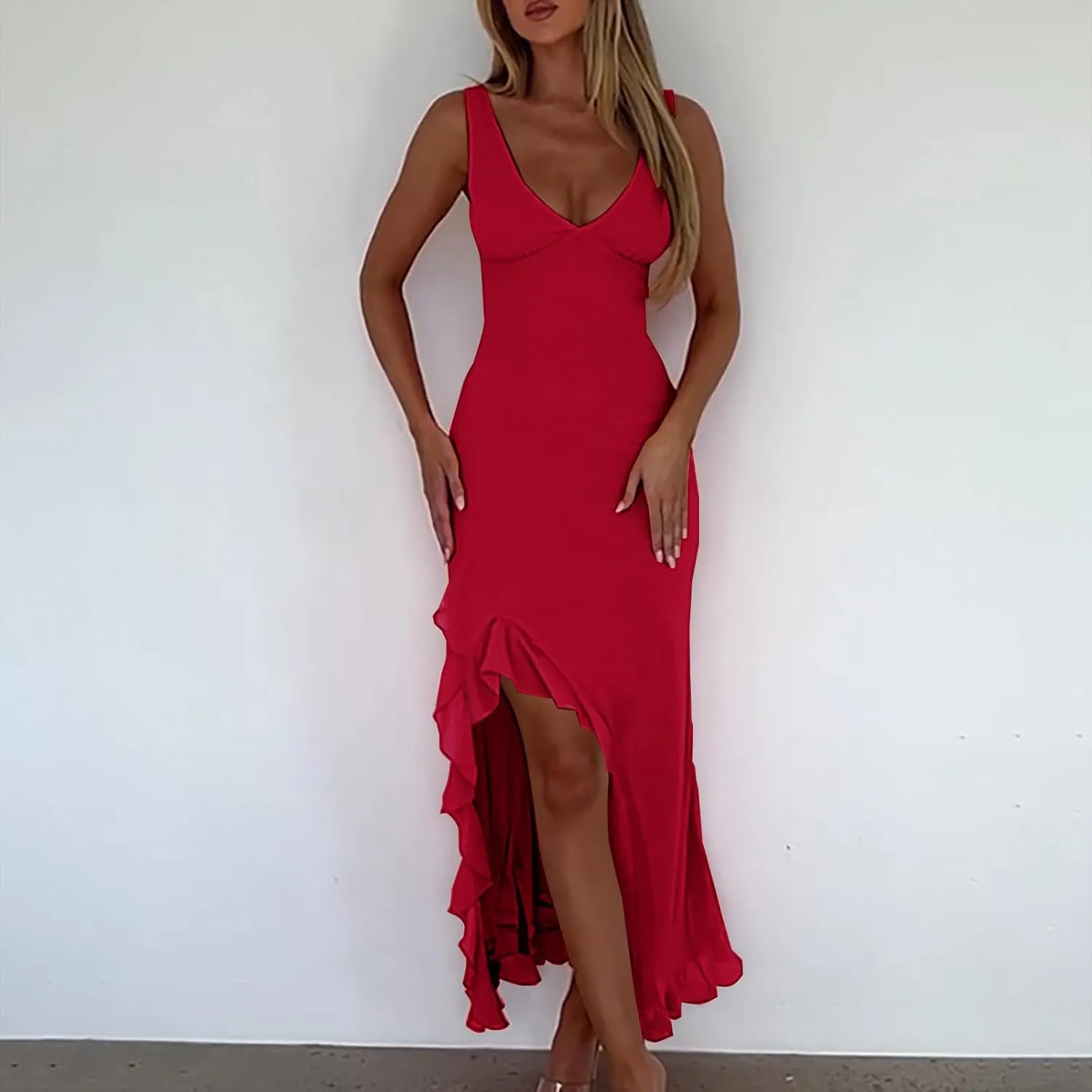 Oplxuo Women's Sexy Deep V Neck Bodycon Maxi Dress Sleeveless Ruffle Hem High Slit V Back Cocktail Party Dresses