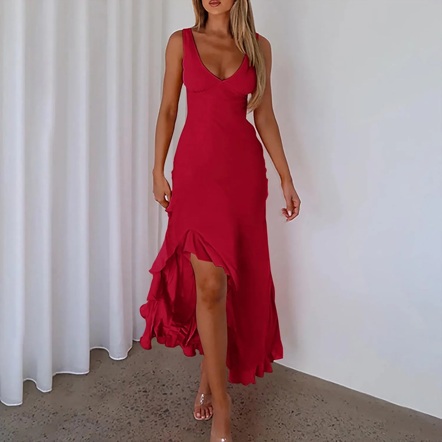 Oplxuo Women's Sexy Deep V Neck Bodycon Maxi Dress Sleeveless Ruffle Hem High Slit V Back Cocktail Party Dresses