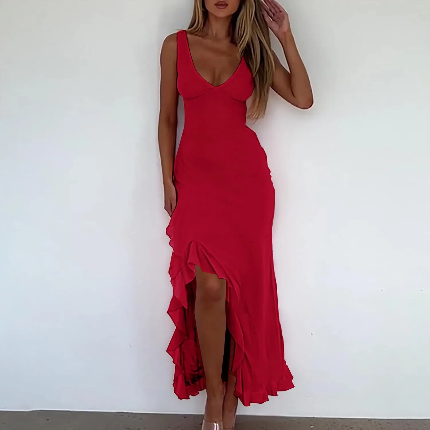Oplxuo Women's Sexy Deep V Neck Bodycon Maxi Dress Sleeveless Ruffle Hem High Slit V Back Cocktail Party Dresses