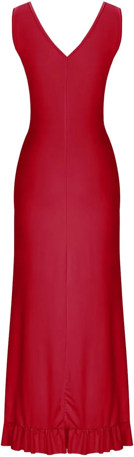 Oplxuo Women's Sexy Deep V Neck Bodycon Maxi Dress Sleeveless Ruffle Hem High Slit V Back Cocktail Party Dresses