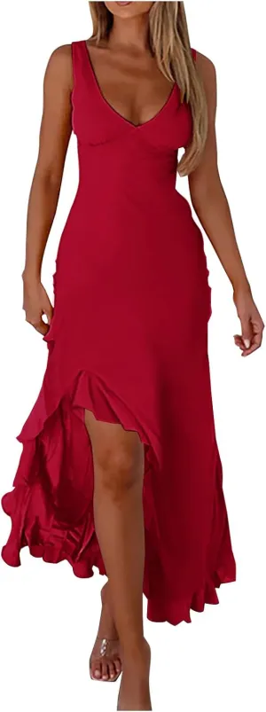 Oplxuo Women's Sexy Deep V Neck Bodycon Maxi Dress Sleeveless Ruffle Hem High Slit V Back Cocktail Party Dresses