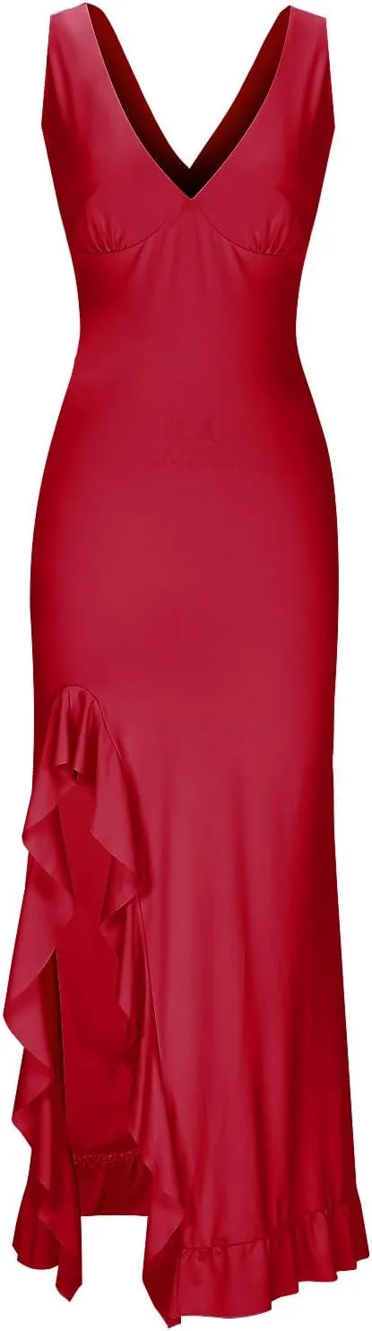 Oplxuo Women's Sexy Deep V Neck Bodycon Maxi Dress Sleeveless Ruffle Hem High Slit V Back Cocktail Party Dresses