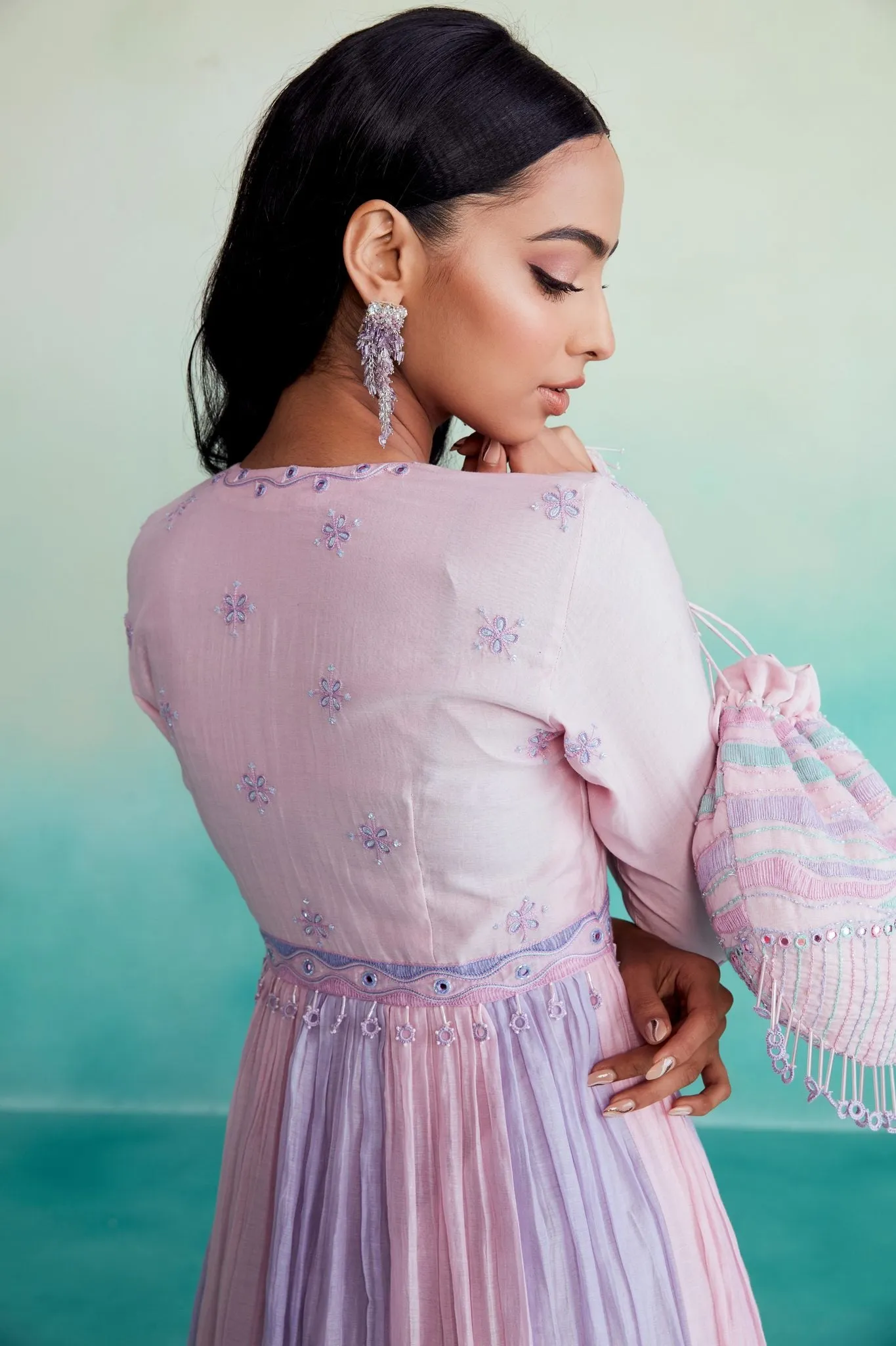 Orchid Pink & Lavender pleated hand embroidered Dress