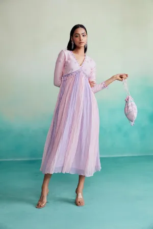 Orchid Pink & Lavender pleated hand embroidered Dress