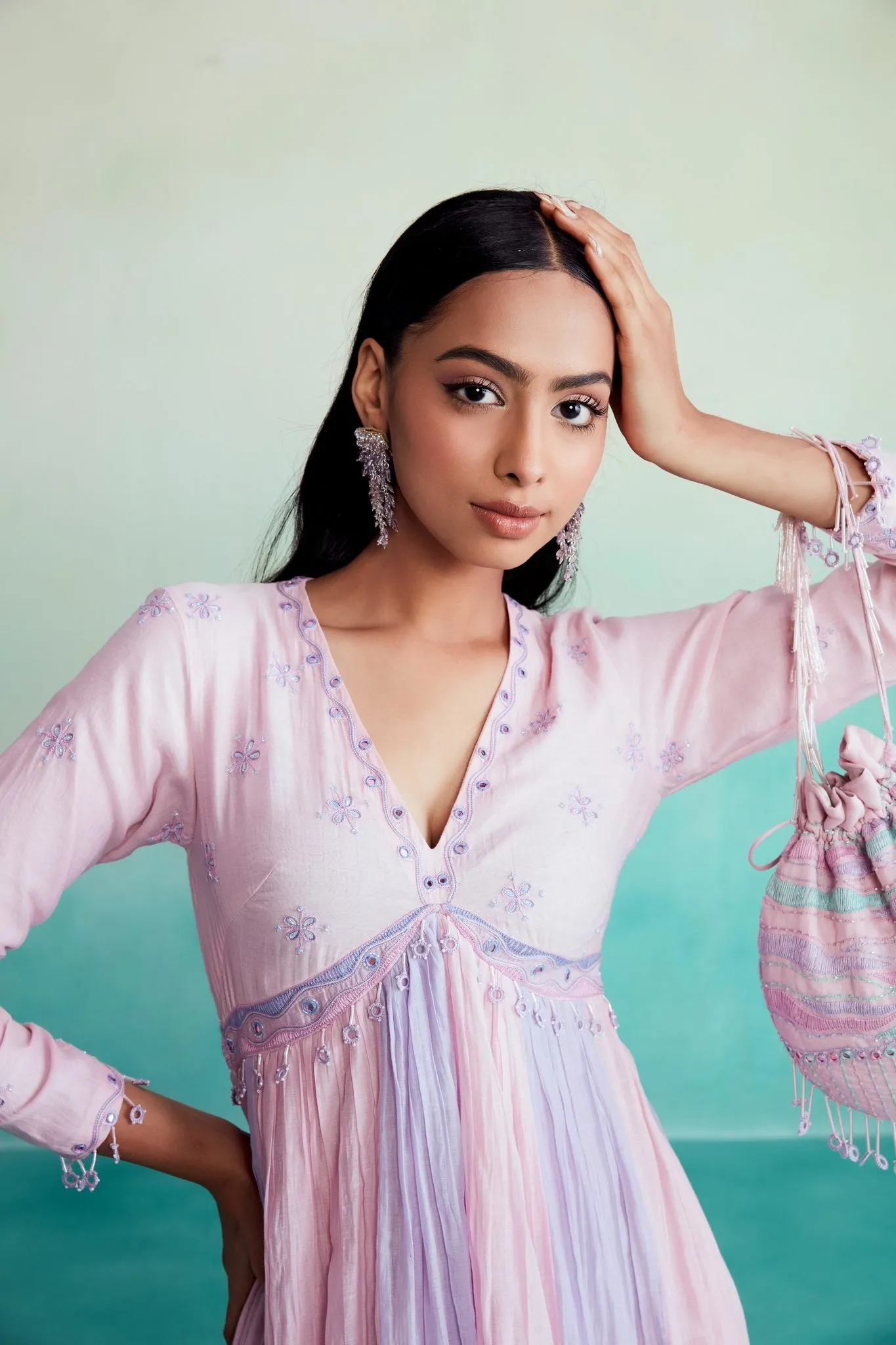 Orchid Pink & Lavender pleated hand embroidered Dress