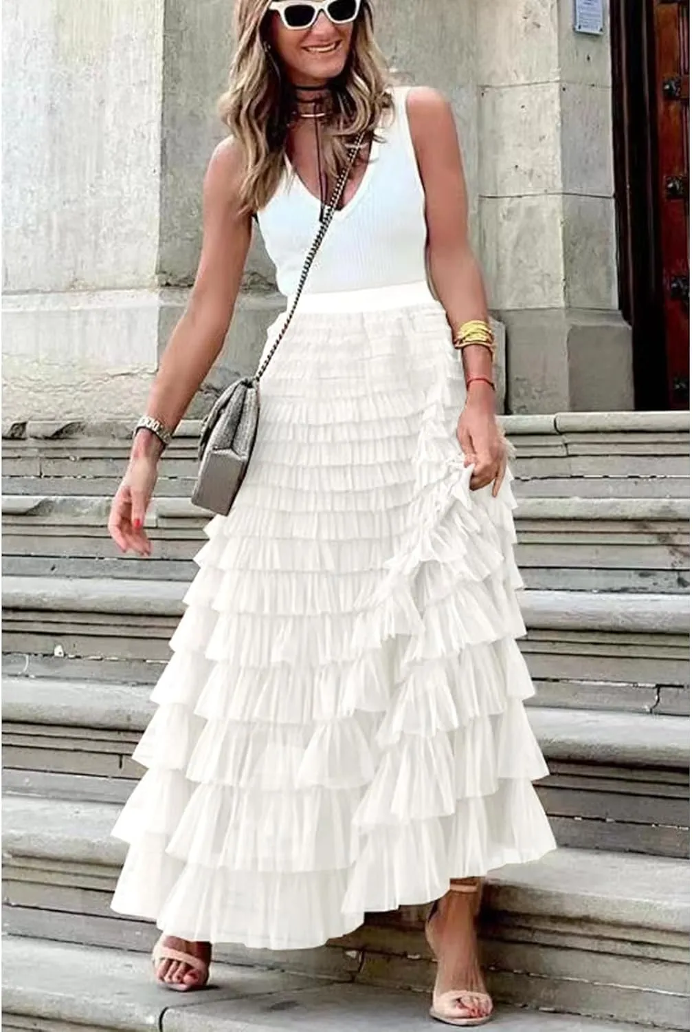 Perbai Womens Long Maxi Tiered Tulle Skirt High Waisted A Line Layered Mesh Tutu Skirts Petticoat