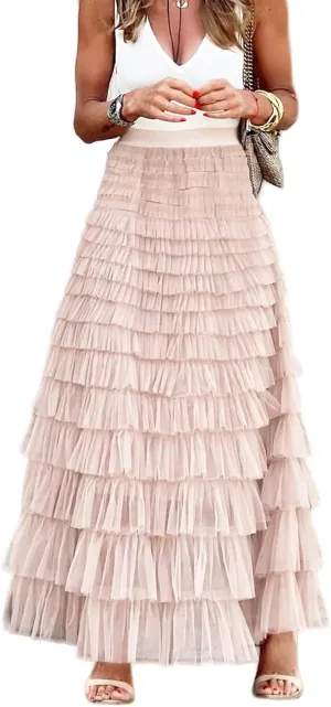 Perbai Womens Long Maxi Tiered Tulle Skirt High Waisted A Line Layered Mesh Tutu Skirts Petticoat