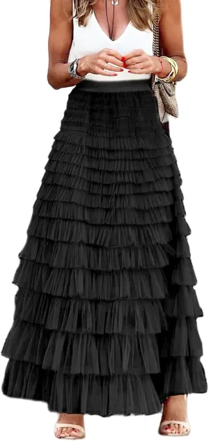 Perbai Womens Long Maxi Tiered Tulle Skirt High Waisted A Line Layered Mesh Tutu Skirts Petticoat