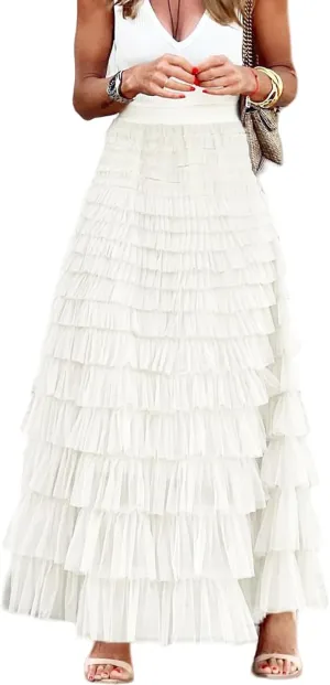 Perbai Womens Long Maxi Tiered Tulle Skirt High Waisted A Line Layered Mesh Tutu Skirts Petticoat