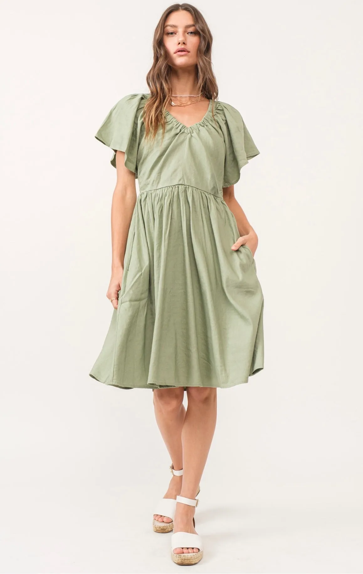 Petal Sleeve Eucalyptus Sage Dress