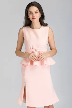 Pink Jewel Button Peplum Midi Dress