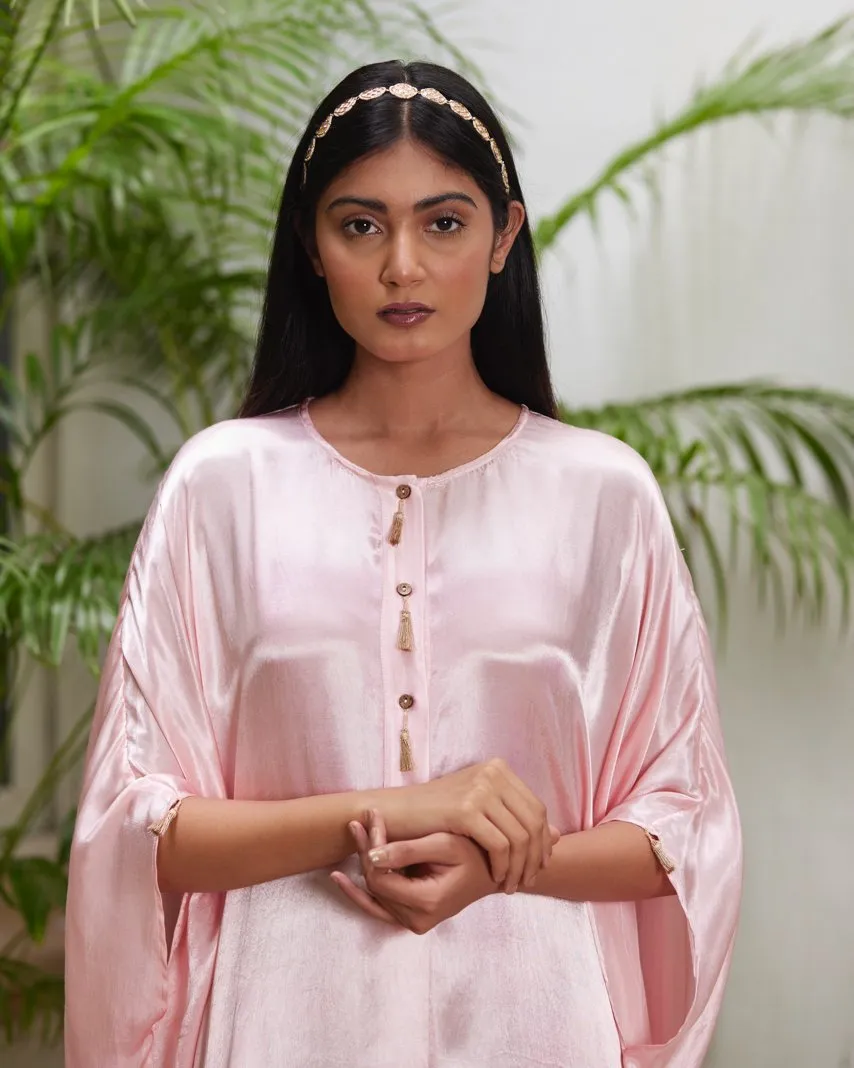 Pink Silk Kaftan With Golden Border