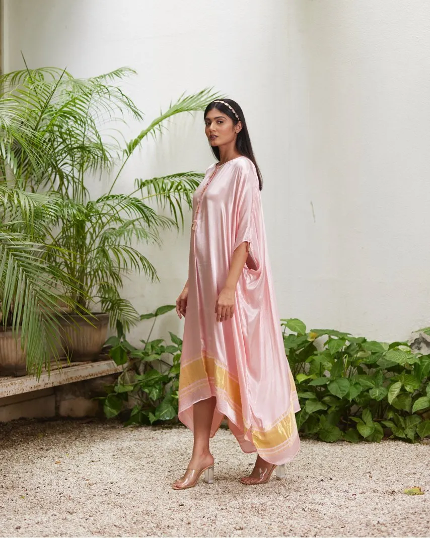 Pink Silk Kaftan With Golden Border