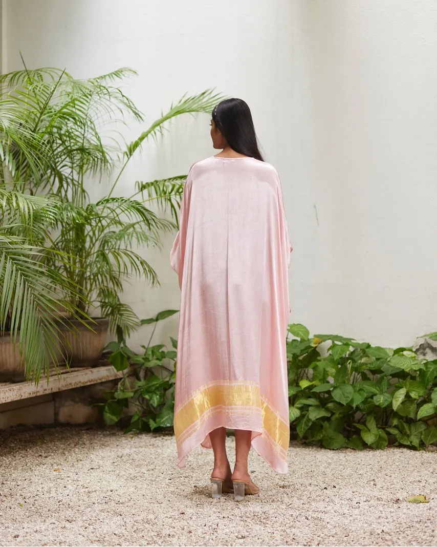Pink Silk Kaftan With Golden Border