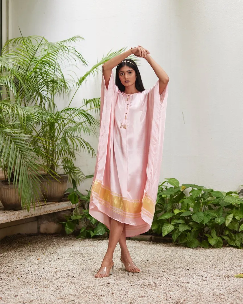 Pink Silk Kaftan With Golden Border