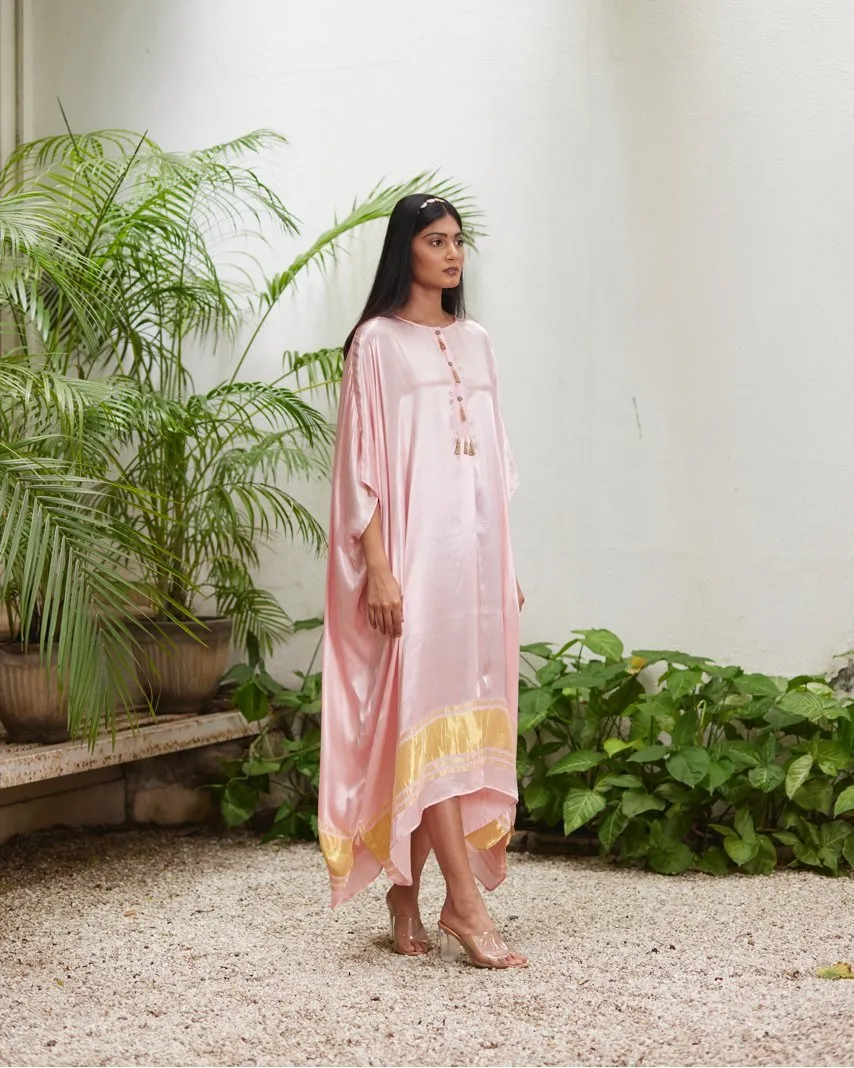 Pink Silk Kaftan With Golden Border