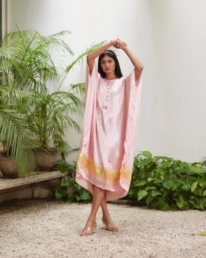 Pink Silk Kaftan With Golden Border