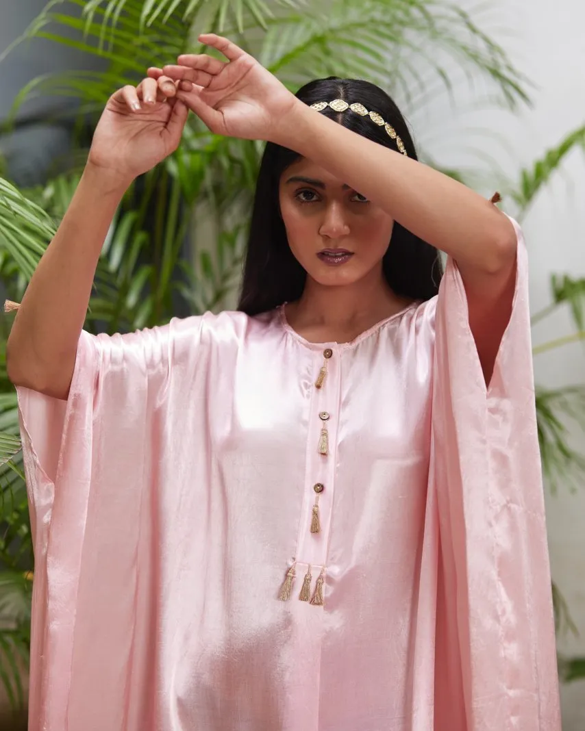 Pink Silk Kaftan With Golden Border