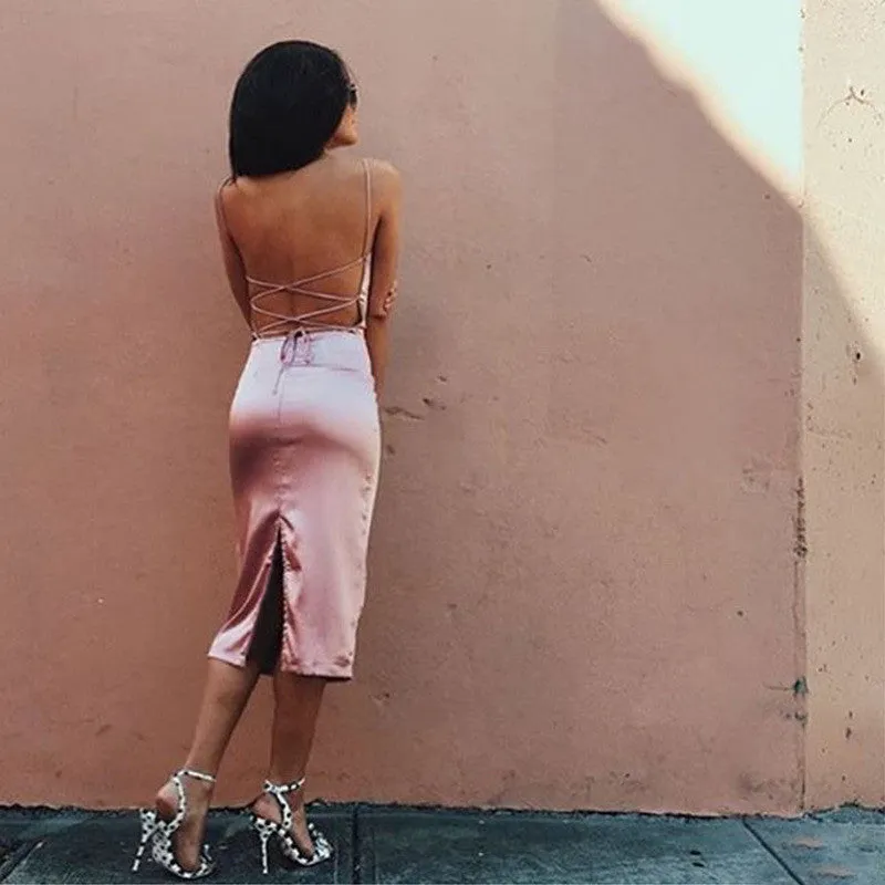 Pink Spaghetti Strap Backless Pure Color Split Long Dress