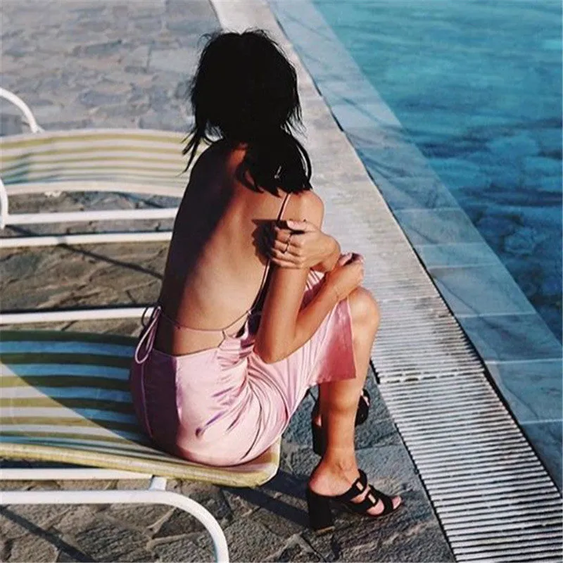 Pink Spaghetti Strap Backless Pure Color Split Long Dress