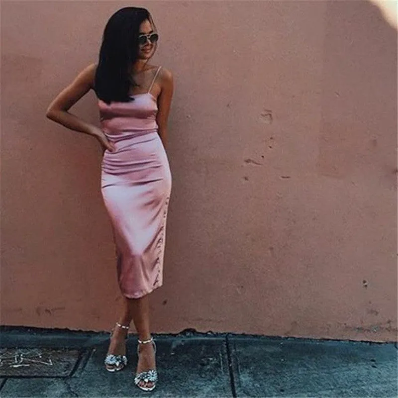Pink Spaghetti Strap Backless Pure Color Split Long Dress