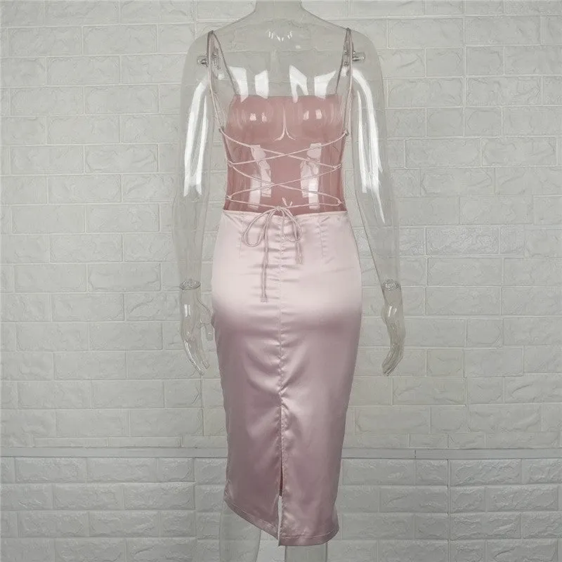 Pink Spaghetti Strap Backless Pure Color Split Long Dress