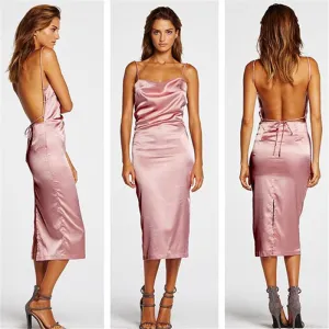 Pink Spaghetti Strap Backless Pure Color Split Long Dress