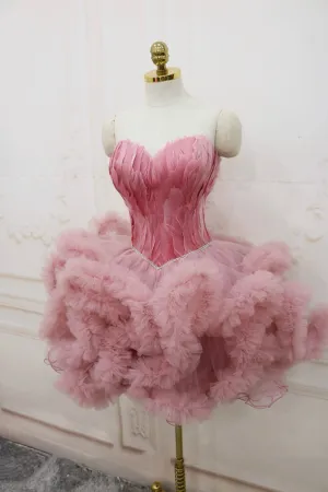 Pink Tulle Short Prom Dress with Feather, Chic Pink Strapless Party Dress