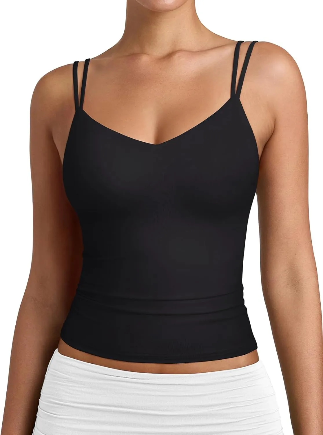 PINKMSTYLE Women Sexy V Neck Tank Top Sleeveless Double Lined Slim Fit Summer Double Spaghetti Strap Cami Going Out Tops