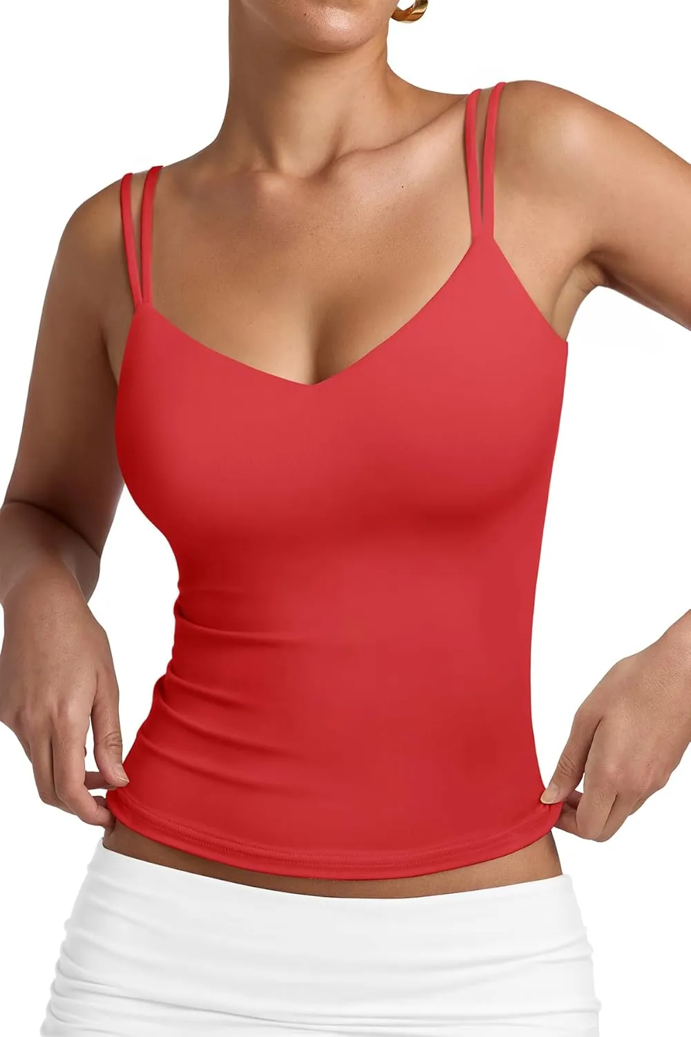PINKMSTYLE Women Sexy V Neck Tank Top Sleeveless Double Lined Slim Fit Summer Double Spaghetti Strap Cami Going Out Tops
