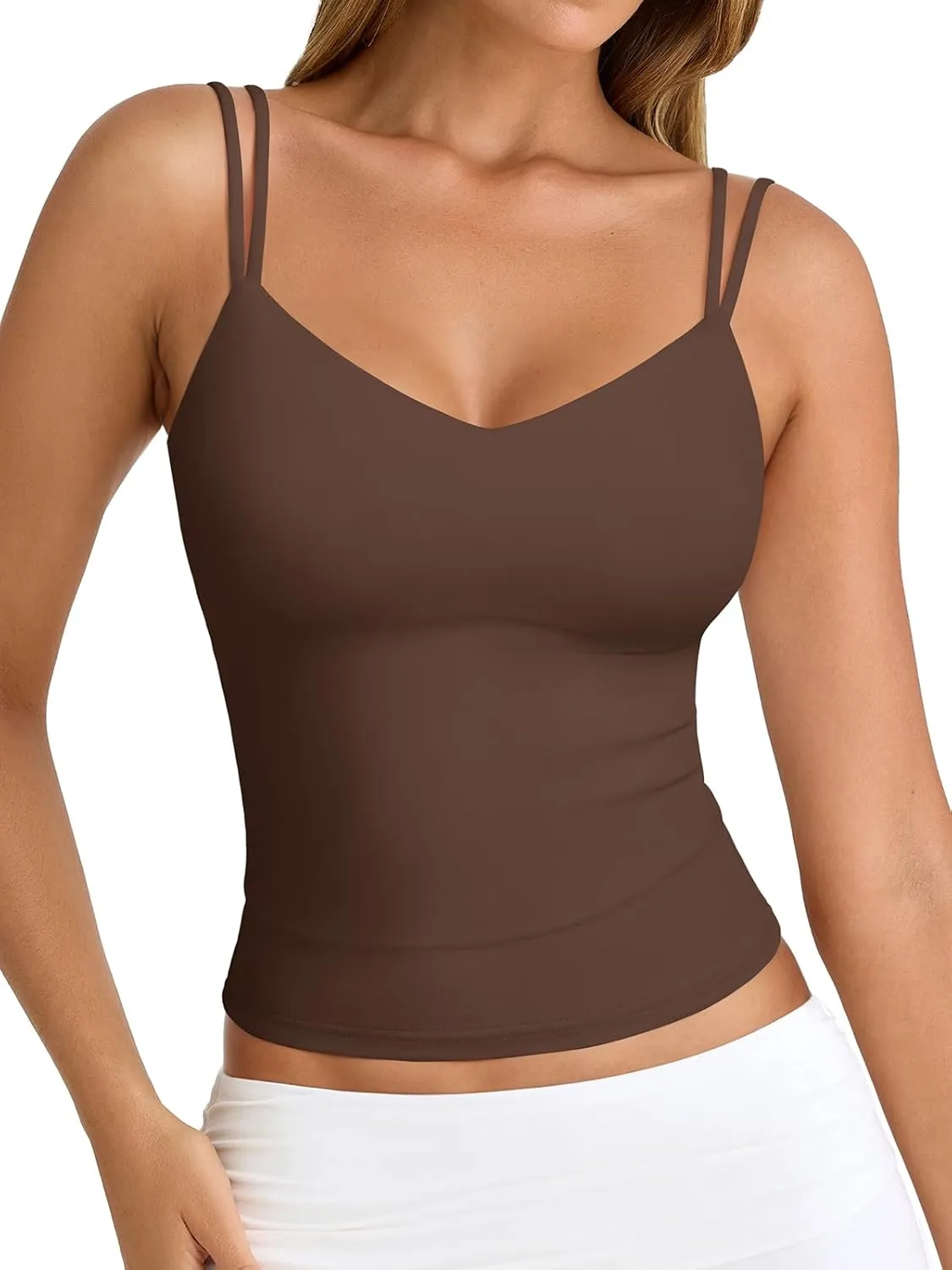 PINKMSTYLE Women Sexy V Neck Tank Top Sleeveless Double Lined Slim Fit Summer Double Spaghetti Strap Cami Going Out Tops