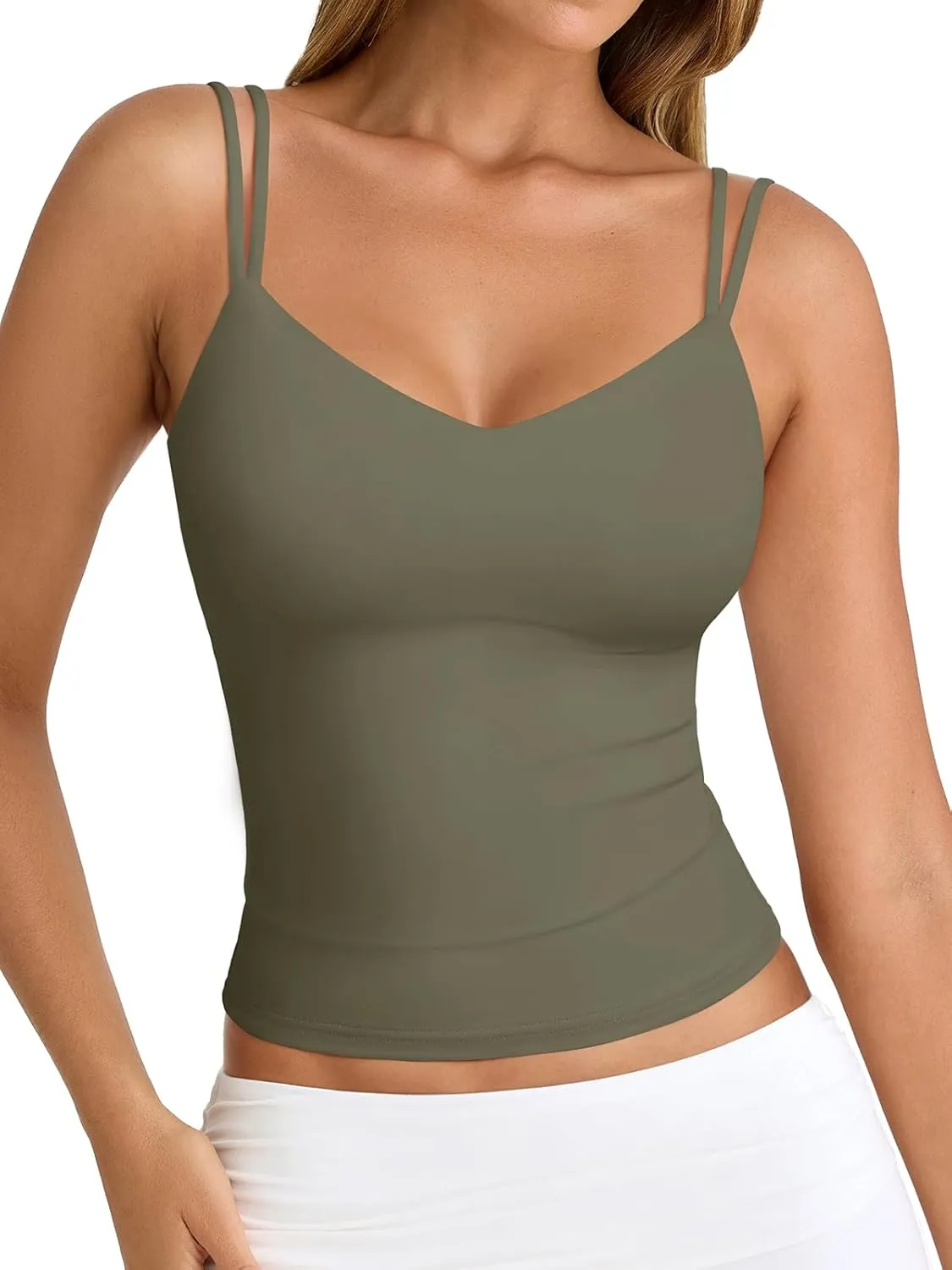 PINKMSTYLE Women Sexy V Neck Tank Top Sleeveless Double Lined Slim Fit Summer Double Spaghetti Strap Cami Going Out Tops