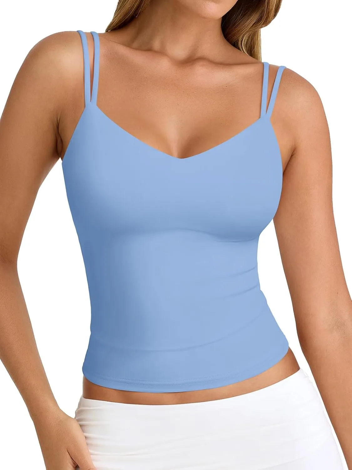 PINKMSTYLE Women Sexy V Neck Tank Top Sleeveless Double Lined Slim Fit Summer Double Spaghetti Strap Cami Going Out Tops