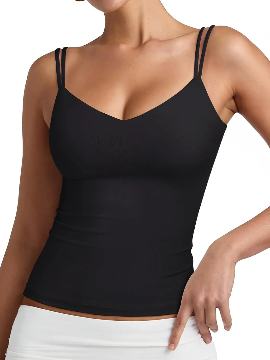 PINKMSTYLE Women Sexy V Neck Tank Top Sleeveless Double Lined Slim Fit Summer Double Spaghetti Strap Cami Going Out Tops