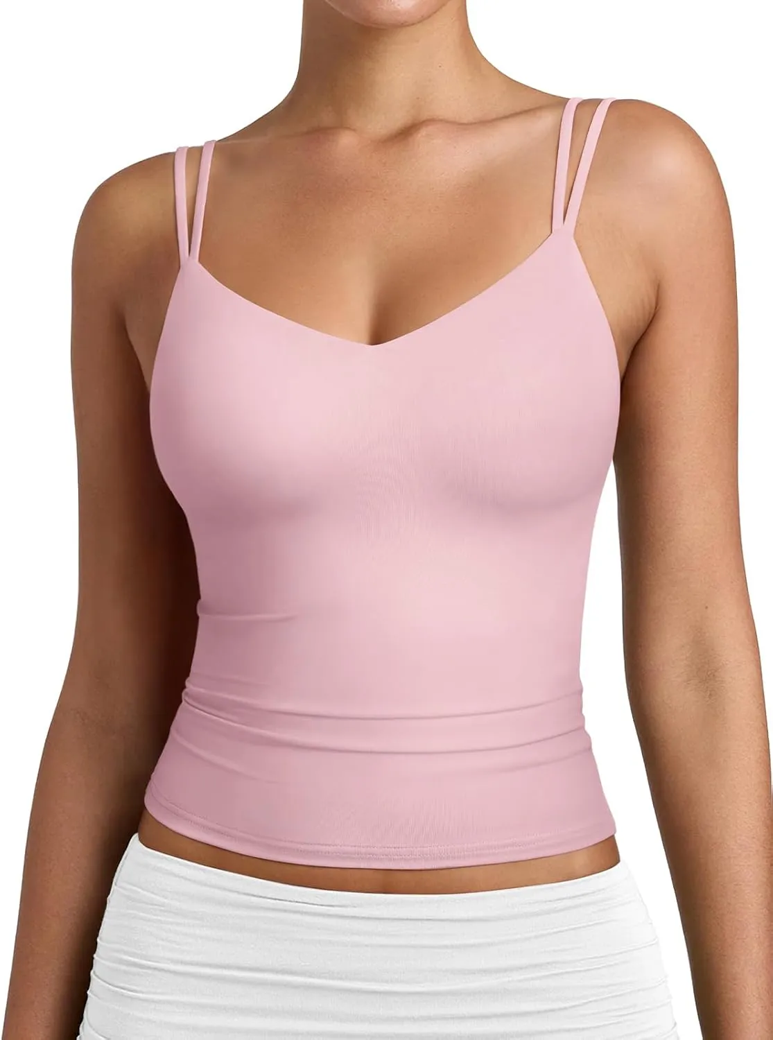 PINKMSTYLE Women Sexy V Neck Tank Top Sleeveless Double Lined Slim Fit Summer Double Spaghetti Strap Cami Going Out Tops