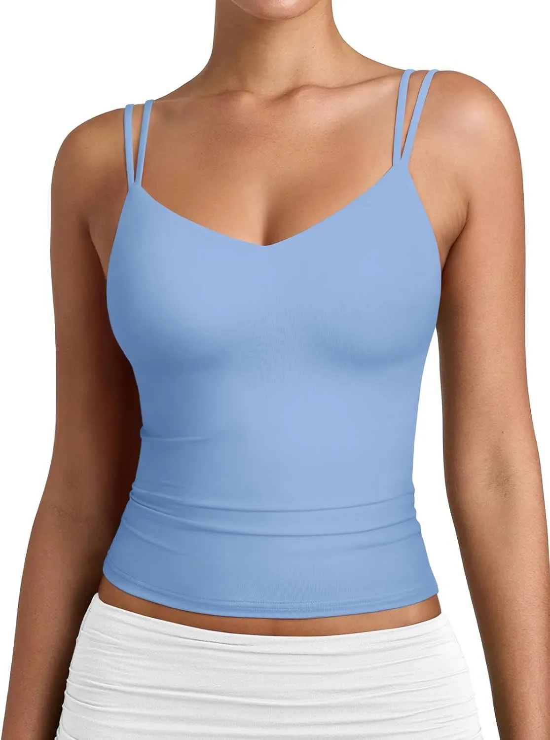 PINKMSTYLE Women Sexy V Neck Tank Top Sleeveless Double Lined Slim Fit Summer Double Spaghetti Strap Cami Going Out Tops
