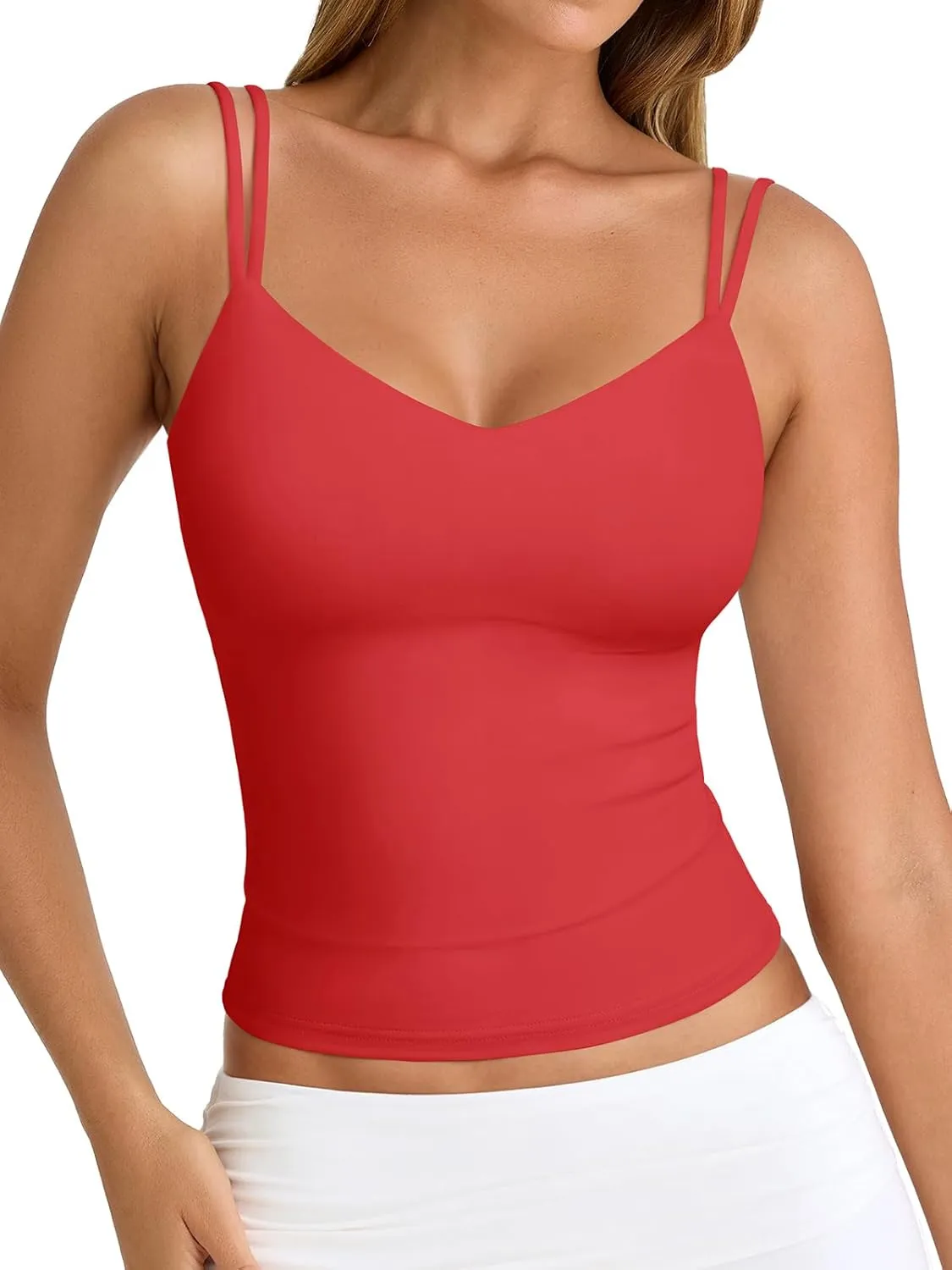 PINKMSTYLE Women Sexy V Neck Tank Top Sleeveless Double Lined Slim Fit Summer Double Spaghetti Strap Cami Going Out Tops