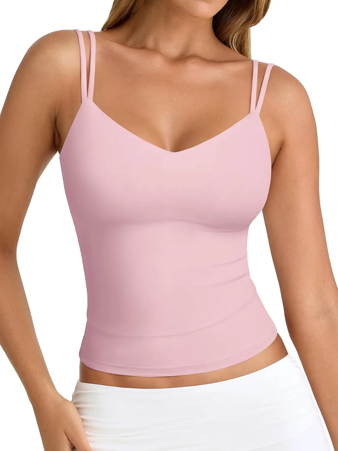 PINKMSTYLE Women Sexy V Neck Tank Top Sleeveless Double Lined Slim Fit Summer Double Spaghetti Strap Cami Going Out Tops